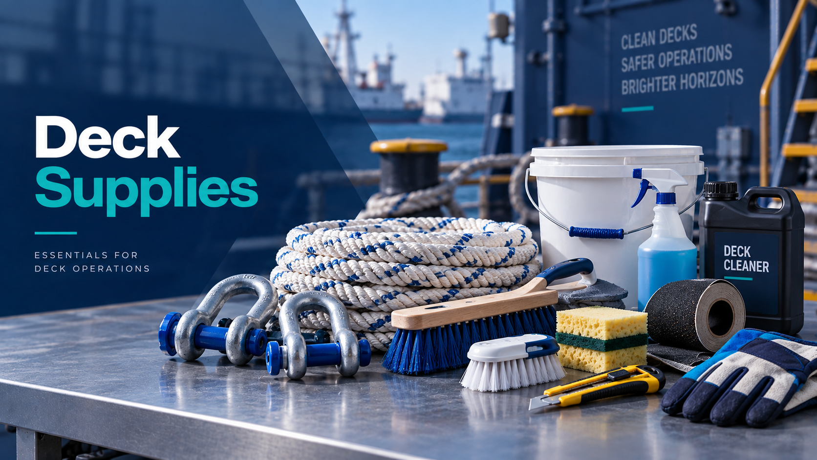 بانر Deck Supplies يضم حبالًا ومستلزمات تنظيف وتجهيز السطح