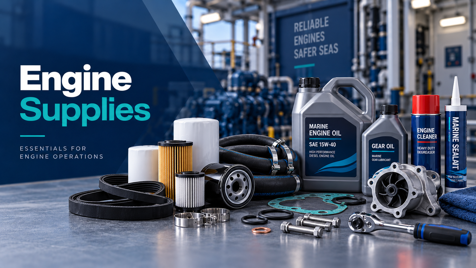 بانر Engine Supplies يضم زيوتًا وفلاتر وخراطيم ومستلزمات صيانة المحركات