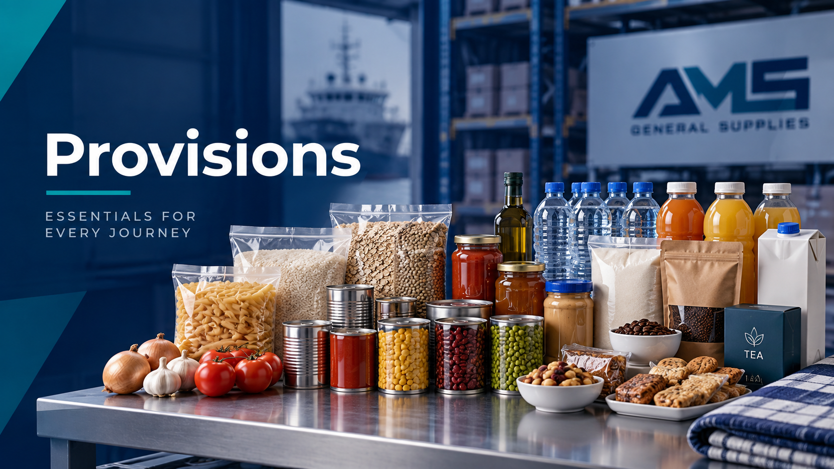 بانر Provisions يضم مواد غذائية معبأة ومعلبات ومياه ومشروبات