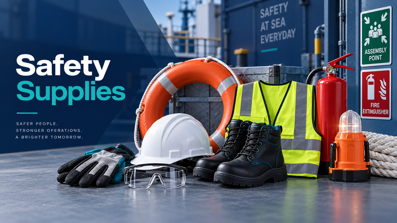 بانر Safety Supplies يضم طوق نجاة ومطفأة حريق ومعدات حماية شخصية